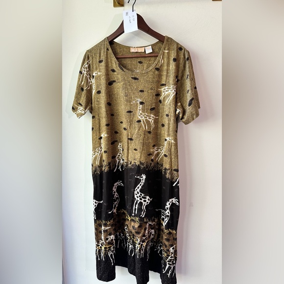 La Cera, Brown/Black Giraffe Print Cotton Midi Dress, Size L | 0802 - Picture 1 of 4